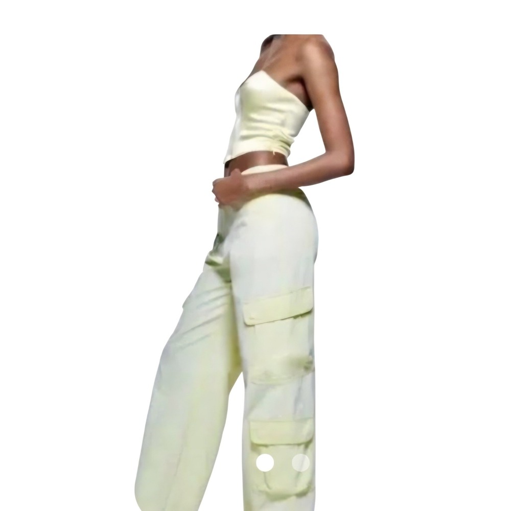 Zara Women Pale Lime Green Parachute Cargo Pants Wide Leg Utility‎ XXL NWT